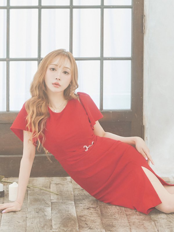 画像4: sugarオリジナルカラー・Lサイズあり【JEAN MACLEAN/ジャンマクレーン】シンプル/ ワンカラー/ ストレッチ/ カットアウト/ 半袖/ 袖あり/ タイト/ 膝丈/ ミディアムドレス/ キャバドレス【HC02】 (4)