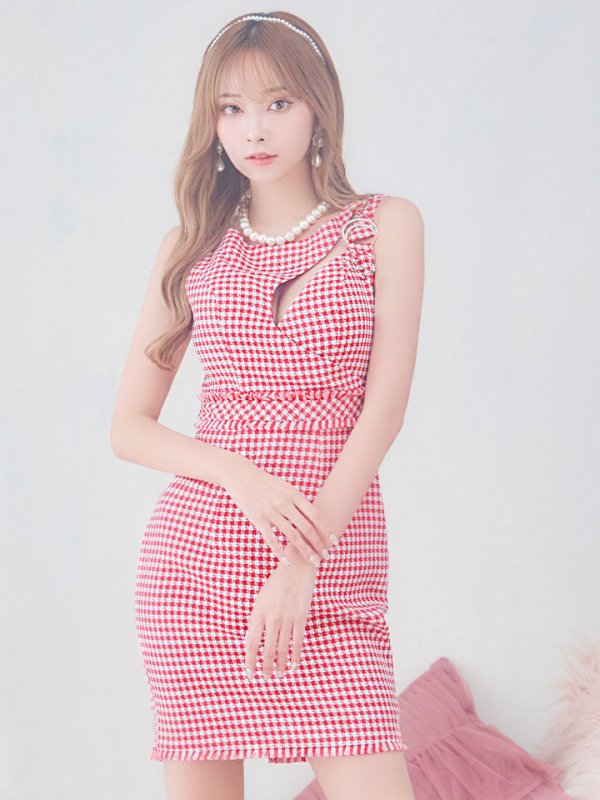 画像2: XSサイズあり【IRMA/イルマ】ツイード/ チェック柄/ カットアウト/ ノースリーブ/ アシメデザイン/ タイト/ ミニドレス/ キャバドレス【HC02】 (2)