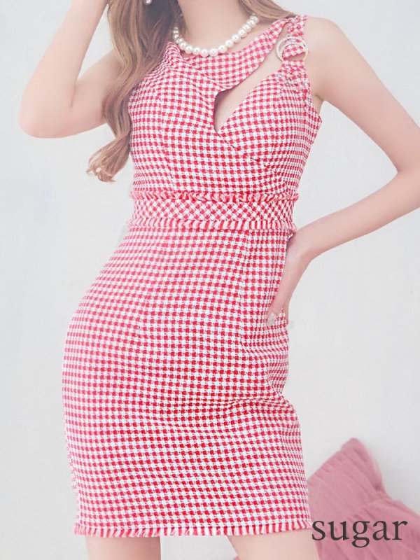 画像8: XSサイズあり【IRMA/イルマ】ツイード/ チェック柄/ カットアウト/ ノースリーブ/ アシメデザイン/ タイト/ ミニドレス/ キャバドレス【HC02】 (8)