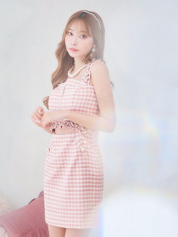 画像8: XSサイズあり【IRMA/イルマ】ツイード/ チェック柄/ フロントジップ/ ビスチェ/ ショルダーフリル/ ウエストカット/ タイト/ ミニドレス/ キャバドレス【HC02】 (8)