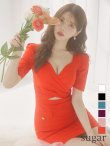 sugarオリジナルカラー・XSサイズあり【IRMA/イルマ】パフスリーブ/ 半袖/ 袖あり/ ワンカラー/ カットアウト/ ニット/ ストレッチ/ パールボタン/ タイト/ ミニドレス/ キャバドレス[OF2A]　オレンジ