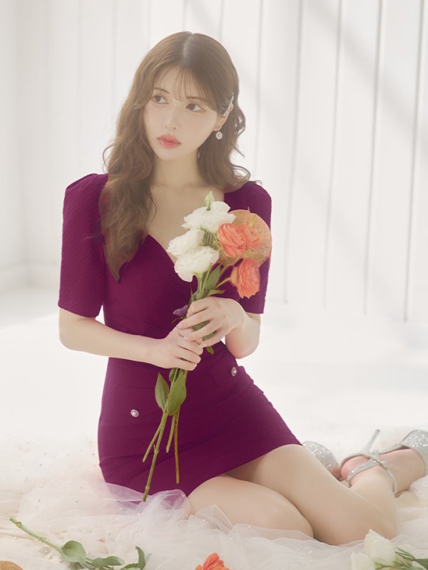 画像17: sugarオリジナルカラー・XSサイズあり【IRMA/イルマ】パフスリーブ/ 半袖/ 袖あり/ ワンカラー/ カットアウト/ ニット/ ストレッチ/ パールボタン/ タイト/ ミニドレス/ キャバドレス【HC02】 (17)