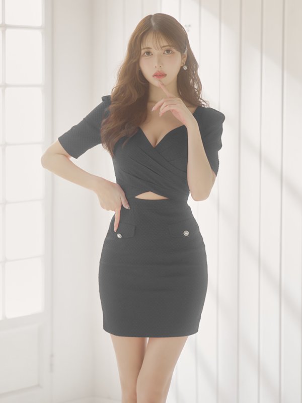 画像8: sugarオリジナルカラー・XSサイズあり【IRMA/イルマ】パフスリーブ/ 半袖/ 袖あり/ ワンカラー/ カットアウト/ ニット/ ストレッチ/ パールボタン/ タイト/ ミニドレス/ キャバドレス【HC02】 (8)