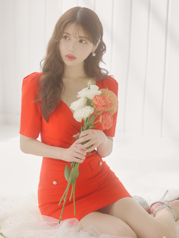 画像28: sugarオリジナルカラー・XSサイズあり【IRMA/イルマ】パフスリーブ/ 半袖/ 袖あり/ ワンカラー/ カットアウト/ ニット/ ストレッチ/ パールボタン/ タイト/ ミニドレス/ キャバドレス【HC02】 (28)