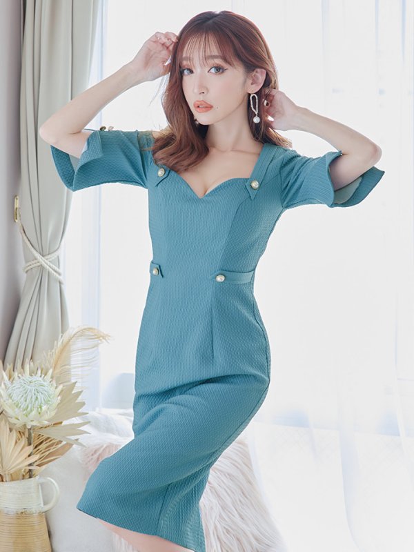 画像4: Lサイズあり【JEAN MACLEAN/ジャンマクレーン】シンプル/ ワンカラー/ パールボタン/ 半袖/ 袖あり/ スリットスリーブ/ タイト/ ひざ丈/ ミディアムドレス/キャバドレス【HC02】 (4)