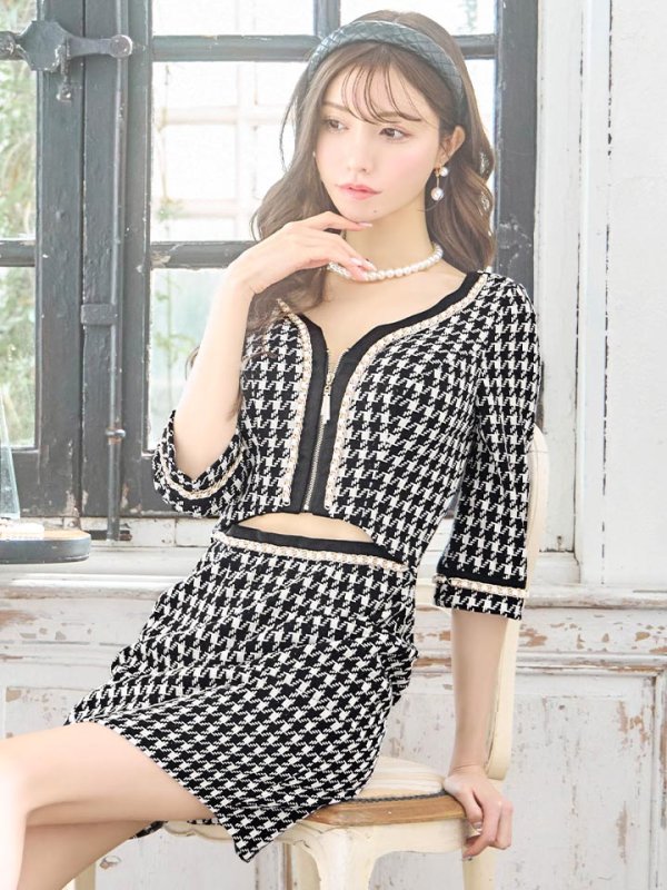 画像6: XS-Lサイズあり【IRMA/イルマ】千鳥柄/ フロントジップ/ 七分袖/ 袖あり/ ウエストカット/ タイト/ ミニドレス/ キャバドレス【HC02】 (6)