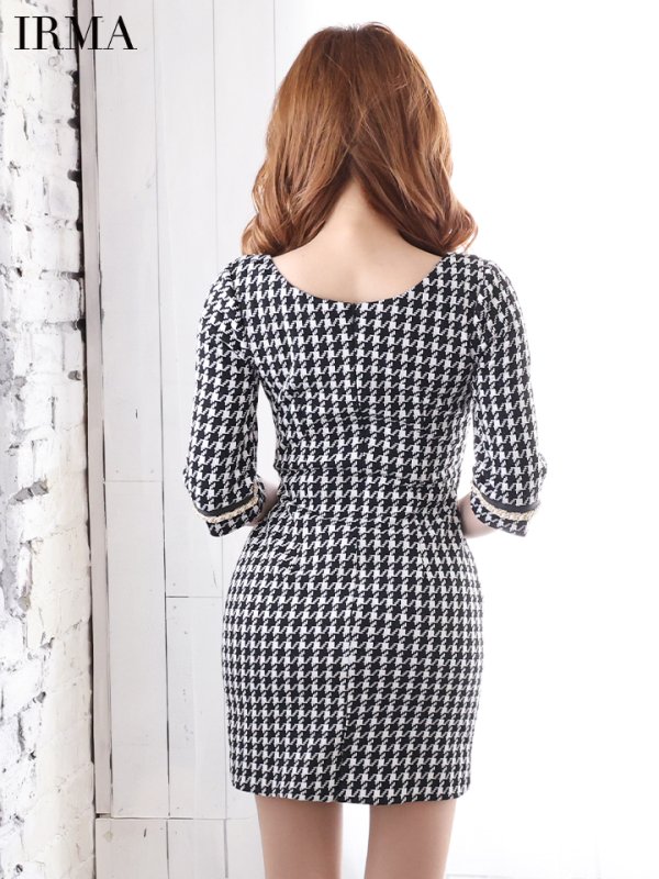 画像4: XS-Lサイズあり【IRMA/イルマ】千鳥柄/ フロントジップ/ 七分袖/ 袖あり/ ウエストカット/ タイト/ ミニドレス/ キャバドレス【HC02】 (4)