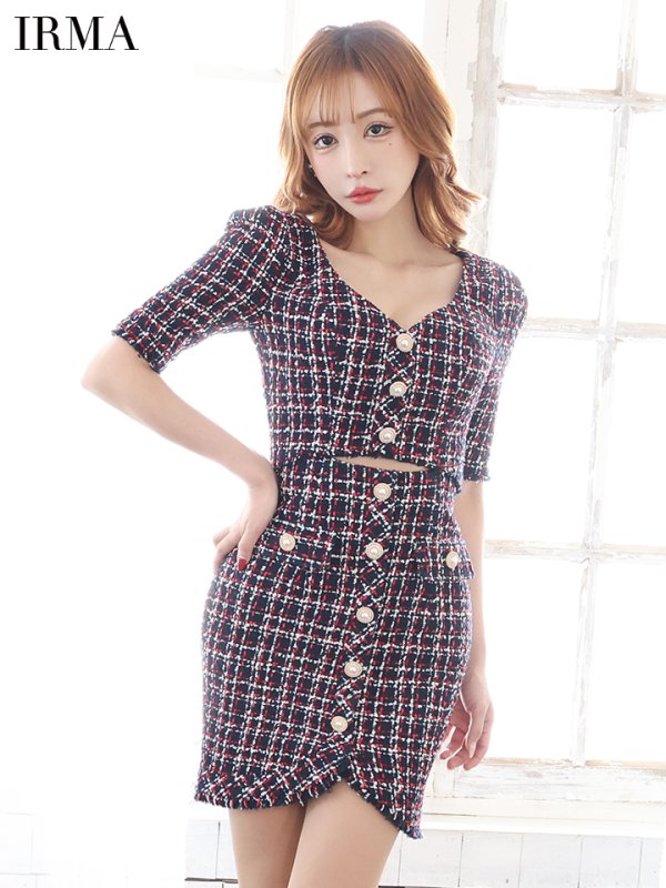 画像3: XSサイズあり【IRMA/イルマ】チェック柄/ ツイード/ 五分袖/ 袖あり/ ウエストカット/ タイト/ ミニドレス/ キャバドレス【HC02】 (3)