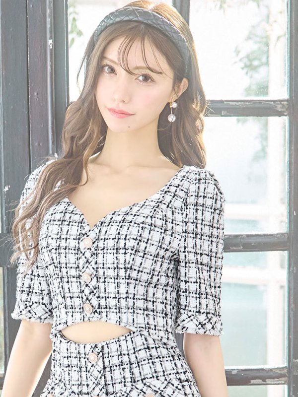 画像3: XSサイズあり【IRMA/イルマ】チェック柄/ ツイード/ 五分袖/ 袖あり/ ウエストカット/ タイト/ ミニドレス/ キャバドレス【HC02】 (3)