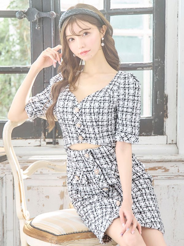 画像5: XSサイズあり【IRMA/イルマ】チェック柄/ ツイード/ 五分袖/ 袖あり/ ウエストカット/ タイト/ ミニドレス/ キャバドレス【HC02】 (5)