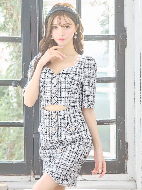 画像6: XSサイズあり【IRMA/イルマ】チェック柄/ ツイード/ 五分袖/ 袖あり/ ウエストカット/ タイト/ ミニドレス/ キャバドレス【HC02】 (6)