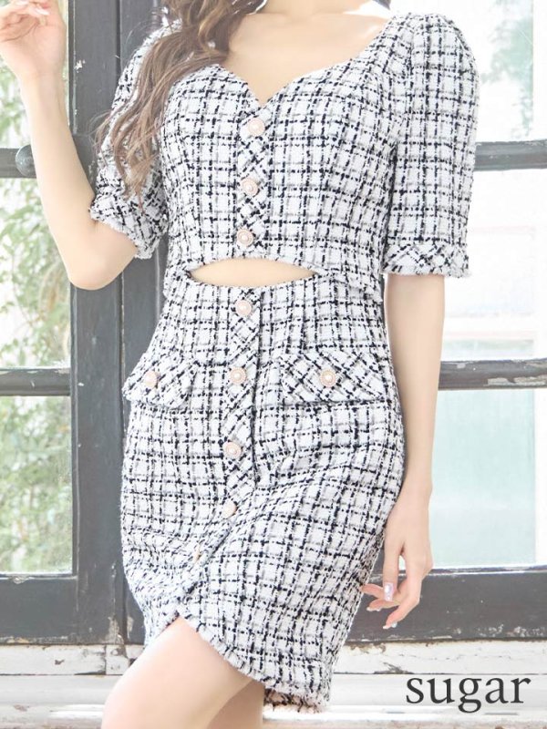 画像8: XSサイズあり【IRMA/イルマ】チェック柄/ ツイード/ 五分袖/ 袖あり/ ウエストカット/ タイト/ ミニドレス/ キャバドレス【HC02】 (8)