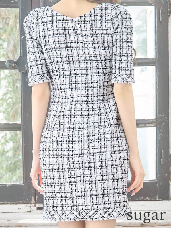 画像9: XSサイズあり【IRMA/イルマ】チェック柄/ ツイード/ 五分袖/ 袖あり/ ウエストカット/ タイト/ ミニドレス/ キャバドレス【HC02】 (9)