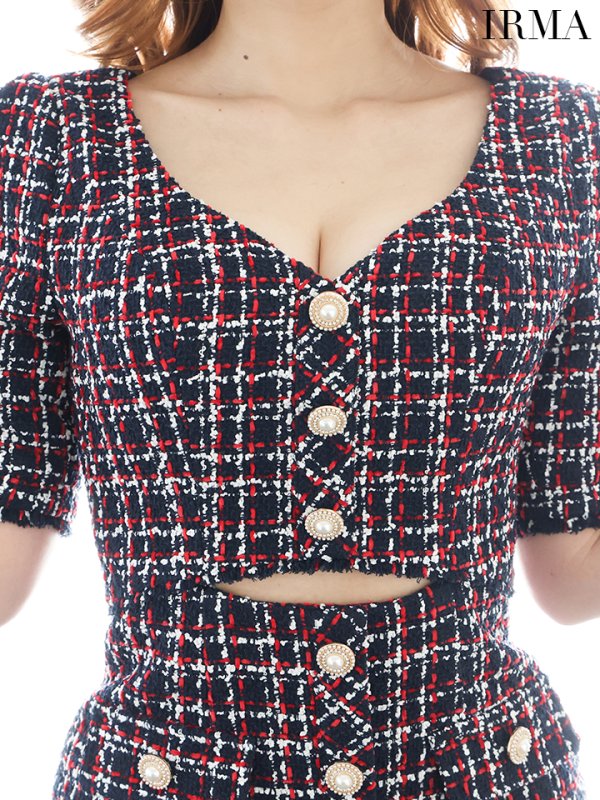 画像6: XSサイズあり【IRMA/イルマ】チェック柄/ ツイード/ 五分袖/ 袖あり/ ウエストカット/ タイト/ ミニドレス/ キャバドレス【HC02】 (6)