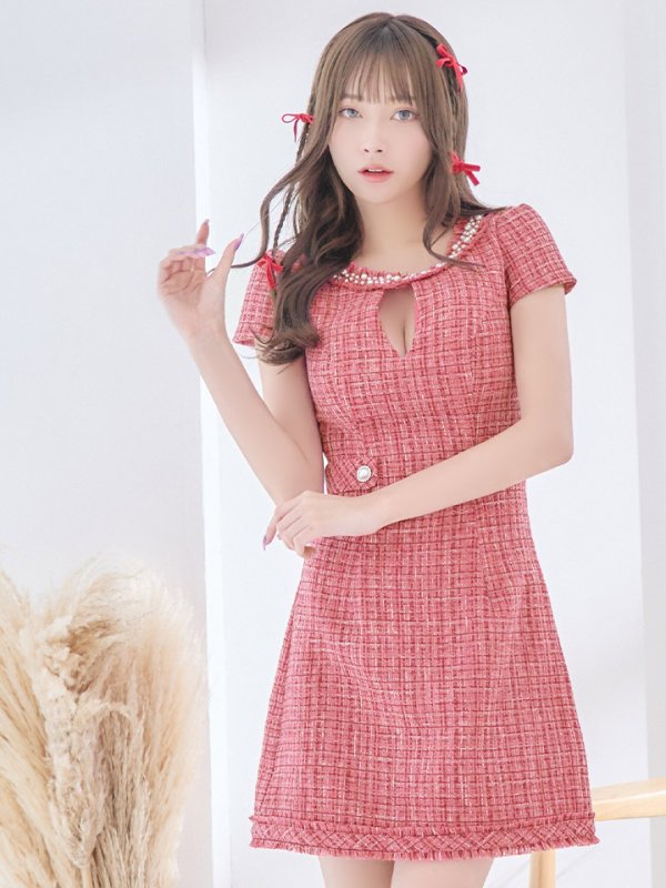 画像10: XSサイズあり【IRMA/イルマ】ツイード/ バストカットアウト/ ビジュー/ 半袖/ 袖あり/ 台形スカート/ ミニドレス/ キャバドレス【HC02】 (10)