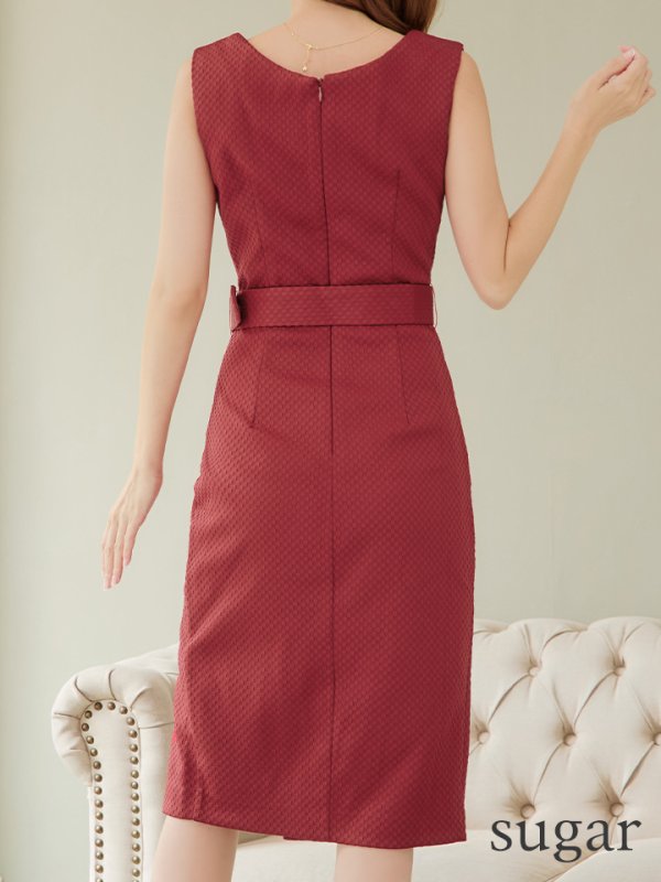 画像15: Lサイズあり【JEAN MACLEAN/ジャンマクレーン】シンプル/  ワンカラー/ Vネック/ ノースリーブ/ ベルト/ タイト/ 膝丈/ ミディアムドレス/ キャバドレス【HC02】 (15)