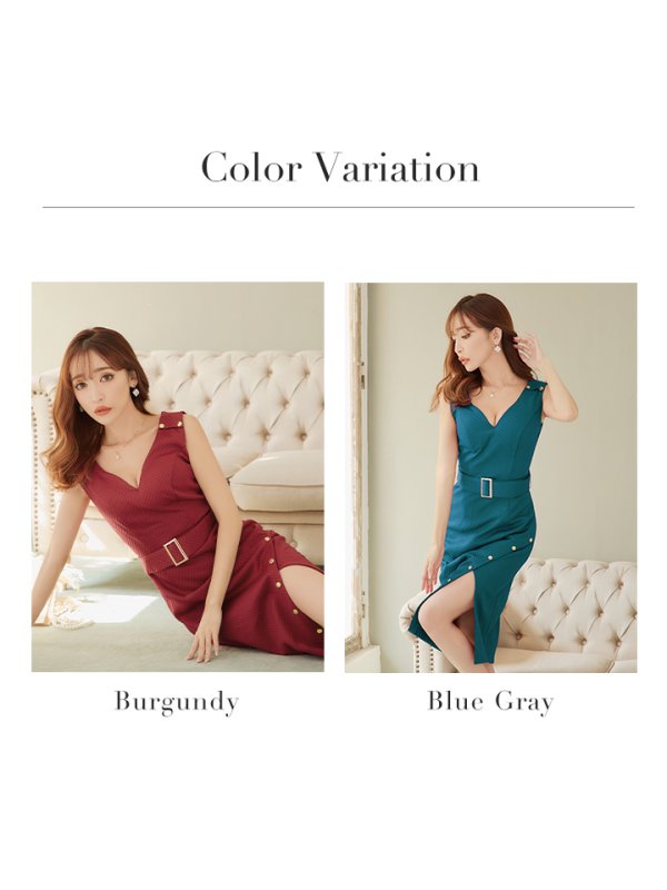 画像17: Lサイズあり【JEAN MACLEAN/ジャンマクレーン】シンプル/  ワンカラー/ Vネック/ ノースリーブ/ ベルト/ タイト/ 膝丈/ ミディアムドレス/ キャバドレス【HC02】 (17)