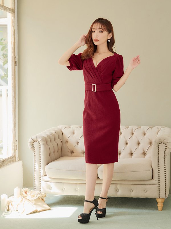 画像4: Lサイズあり【JEAN MACLEAN/ジャンマクレーン】シンプル/  ワンカラー/ Vネック/ 半袖/ 袖あり/ タイト/ 膝丈/ ミディアムドレス/ キャバドレス【HC02】 (4)