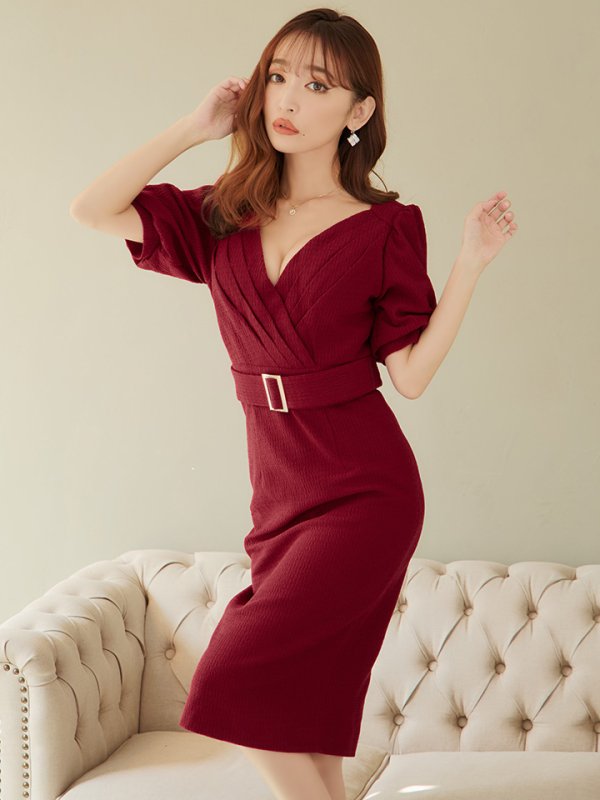 画像6: Lサイズあり【JEAN MACLEAN/ジャンマクレーン】シンプル/  ワンカラー/ Vネック/ 半袖/ 袖あり/ タイト/ 膝丈/ ミディアムドレス/ キャバドレス【HC02】 (6)