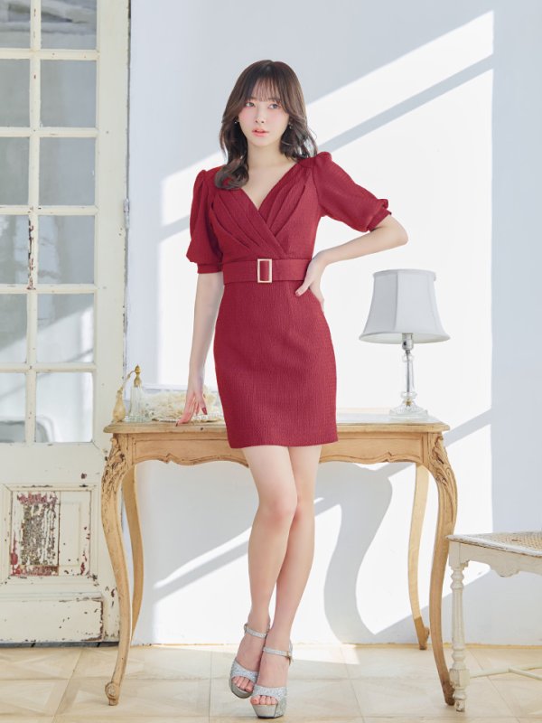 画像15: XSサイズあり【IRMA/イルマ】タック/ ベルト/ パフスリーブ/ 半袖/ 袖あり/ ワンカラー/ タイト/ ミニドレス/ キャバドレス【HC02】 (15)