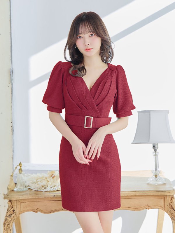 画像14: XSサイズあり【IRMA/イルマ】タック/ ベルト/ パフスリーブ/ 半袖/ 袖あり/ ワンカラー/ タイト/ ミニドレス/ キャバドレス【HC02】 (14)