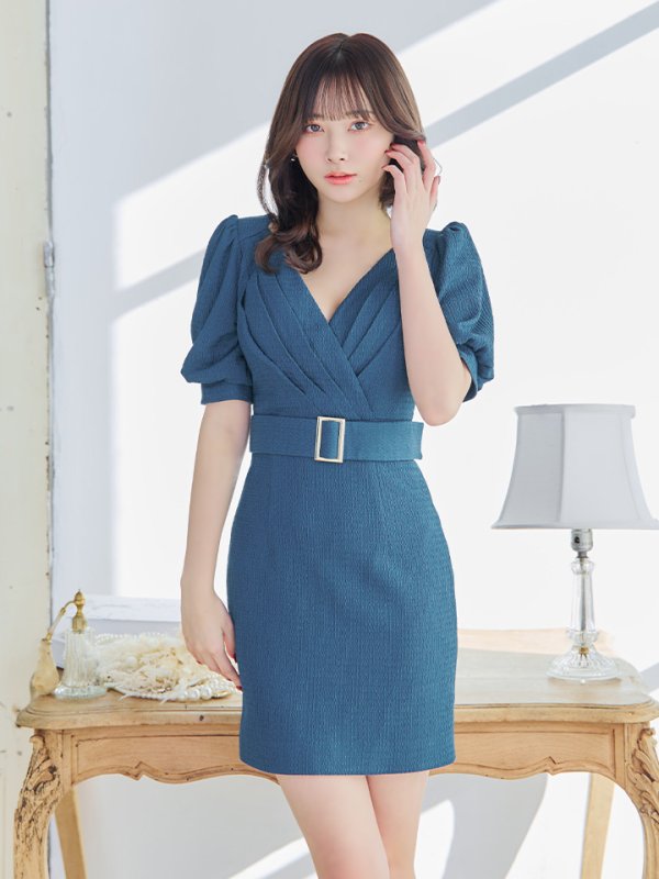 画像3: XSサイズあり【IRMA/イルマ】タック/ ベルト/ パフスリーブ/ 半袖/ 袖あり/ ワンカラー/ タイト/ ミニドレス/ キャバドレス【HC02】 (3)