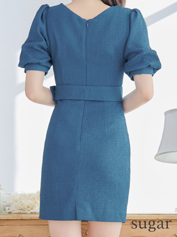 画像9: XSサイズあり【IRMA/イルマ】タック/ ベルト/ パフスリーブ/ 半袖/ 袖あり/ ワンカラー/ タイト/ ミニドレス/ キャバドレス【HC02】 (9)