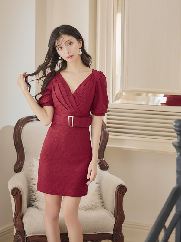 画像5: XSサイズあり【IRMA/イルマ】タック/ ベルト/ パフスリーブ/ 半袖/ 袖あり/ ワンカラー/ タイト/ ミニドレス/ キャバドレス【HC02】 (5)