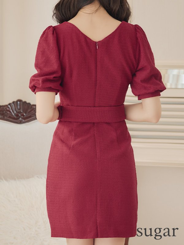 画像10: XSサイズあり【IRMA/イルマ】タック/ ベルト/ パフスリーブ/ 半袖/ 袖あり/ ワンカラー/ タイト/ ミニドレス/ キャバドレス【HC02】 (10)