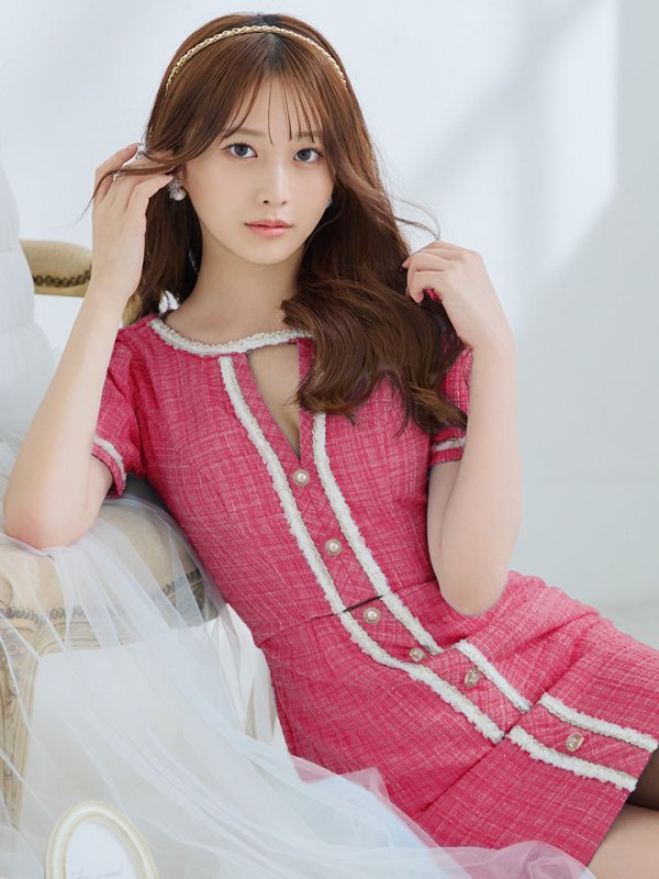 画像13: sugarオリジナルカラー・XSサイズあり【IRMA/イルマ】ツイード/ カットアウト/ 半袖/ 袖あり/ ボタンデザイン/ タイト/ ミニドレス/ キャバドレス【HC02】 (13)