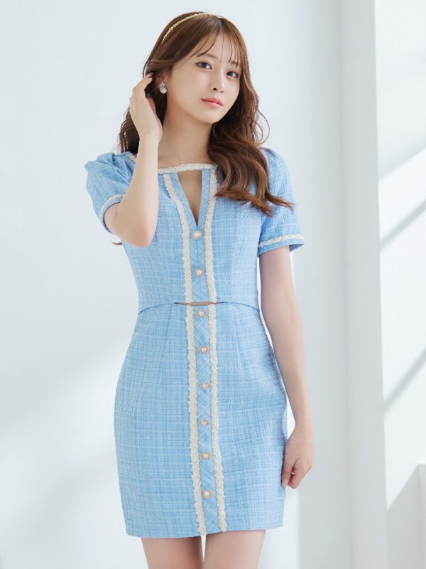 画像4: sugarオリジナルカラー・XSサイズあり【IRMA/イルマ】ツイード/ カットアウト/ 半袖/ 袖あり/ ボタンデザイン/ タイト/ ミニドレス/ キャバドレス【HC02】 (4)