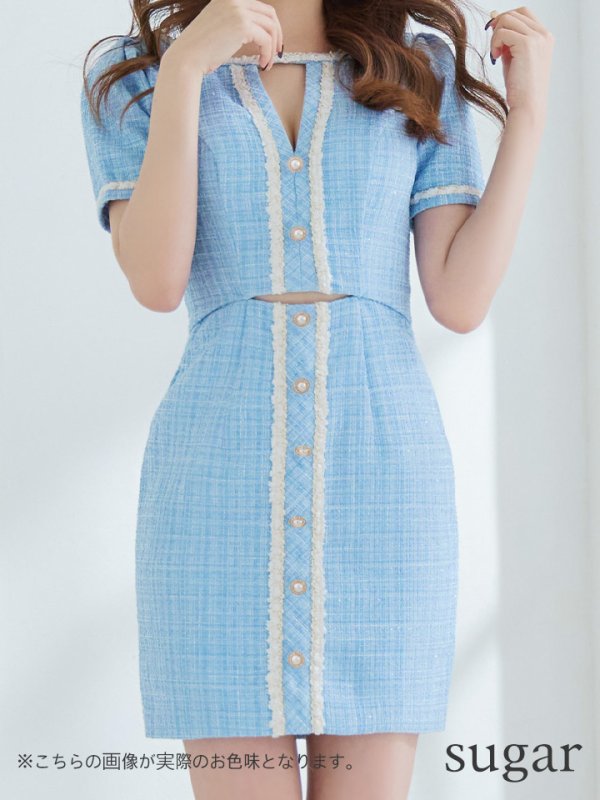 画像8: sugarオリジナルカラー・XSサイズあり【IRMA/イルマ】ツイード/ カットアウト/ 半袖/ 袖あり/ ボタンデザイン/ タイト/ ミニドレス/ キャバドレス【HC02】 (8)