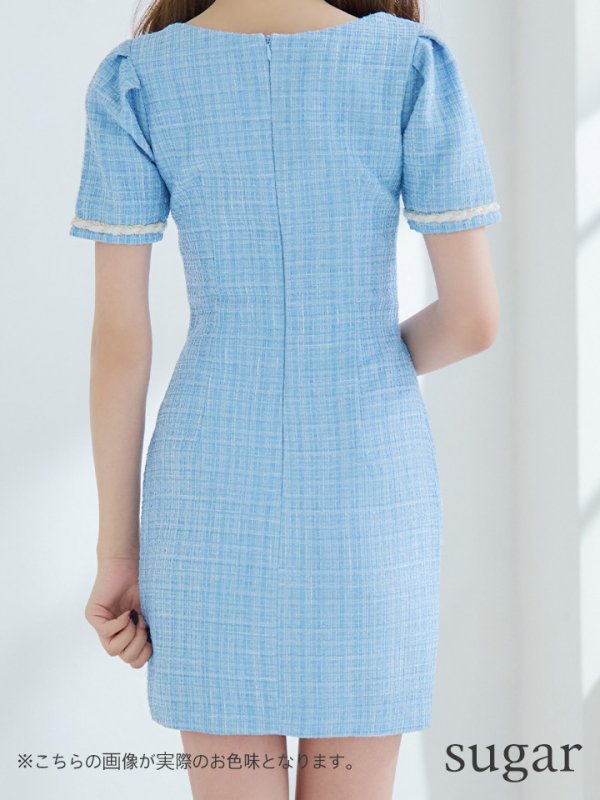 画像9: sugarオリジナルカラー・XSサイズあり【IRMA/イルマ】ツイード/ カットアウト/ 半袖/ 袖あり/ ボタンデザイン/ タイト/ ミニドレス/ キャバドレス【HC02】 (9)