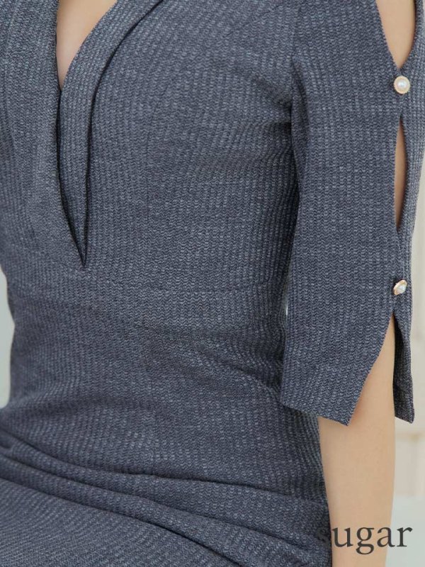 画像10: Lサイズあり【JEAN MACLEAN/ジャンマクレーン】シンプル/ ワンカラー/ パールボタン/ 半袖/ 袖あり/ スリットスリーブ/ タイト/ ひざ丈/ ミディアムドレス/キャバドレス【HC02】 (10)