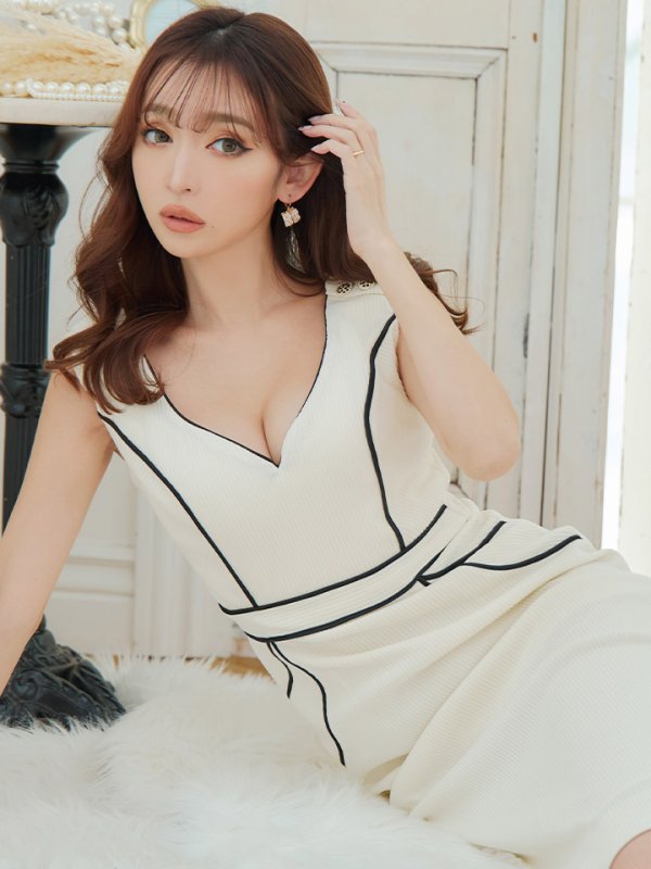 画像9: Lサイズあり【JEAN MACLEAN/ジャンマクレーン】シンプル/ バイカラー/ パイピング/ ボタン/ ノースリーブ/ タイト/ 膝丈/ ミディアムドレス/ キャバドレス【HC02】 (9)