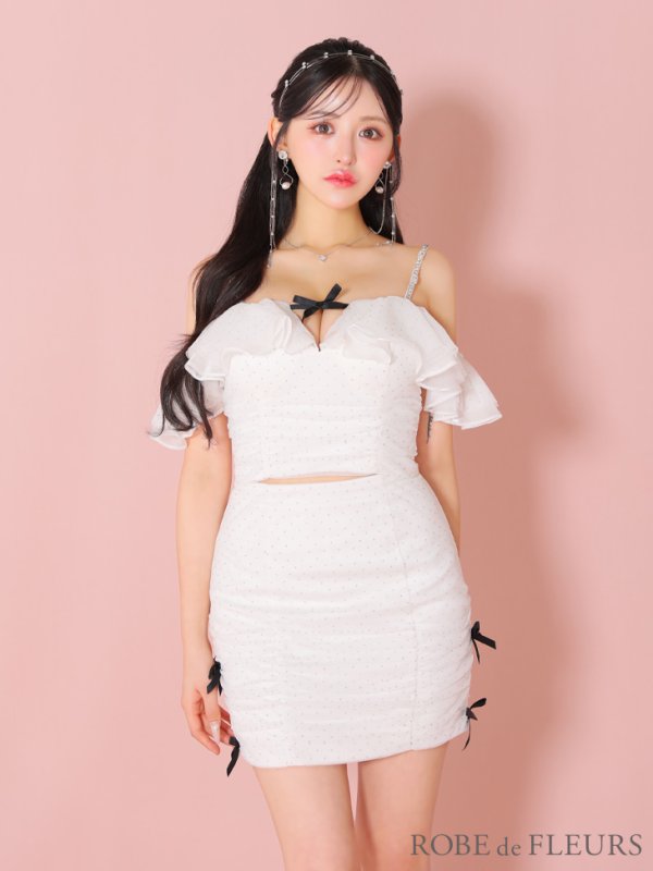 画像8: XSサイズあり【ROBE de FLEURS/ローブドフルール】オフショル/ フリル/ チュール/ ミニリボン/ セットアップ/ タイト/ ミニドレス/ キャバドレス[OF08] (8)