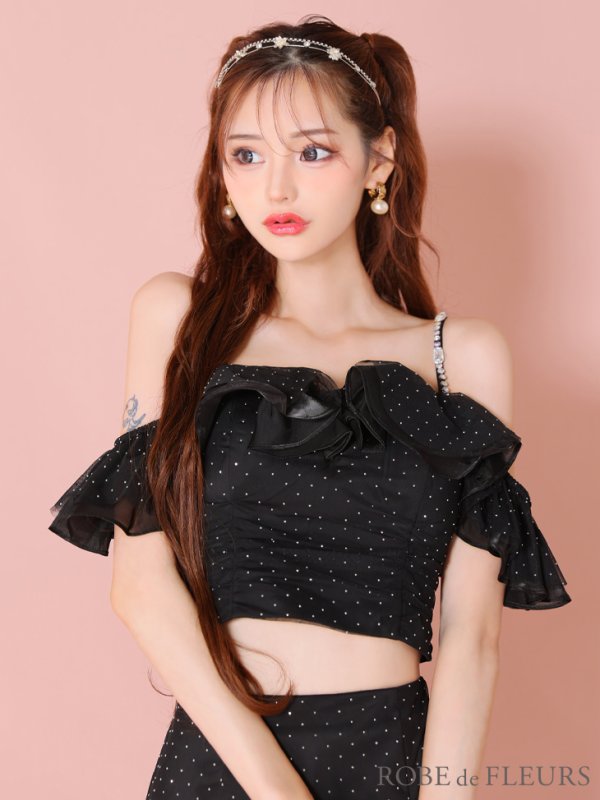 画像3: XSサイズあり【ROBE de FLEURS/ローブドフルール】オフショル/ フリル/ チュール/ ミニリボン/ セットアップ/ タイト/ ミニドレス/ キャバドレス[OF08] (3)