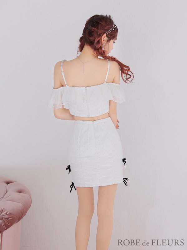 画像9: XSサイズあり【ROBE de FLEURS/ローブドフルール】オフショル/ フリル/ チュール/ ミニリボン/ セットアップ/ タイト/ ミニドレス/ キャバドレス[OF08] (9)