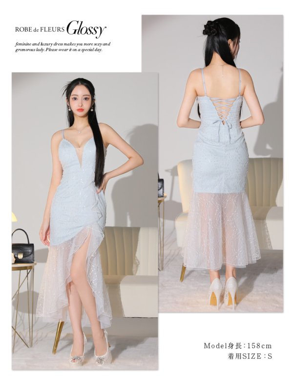 画像23: 【Glossy/グロッシー】バック編み上げ/ スリット/ スパークリーラメ/ ミモレ丈/ ミディアム丈/ ミディアムドレス/ キャバドレスlong[OF08] (23)