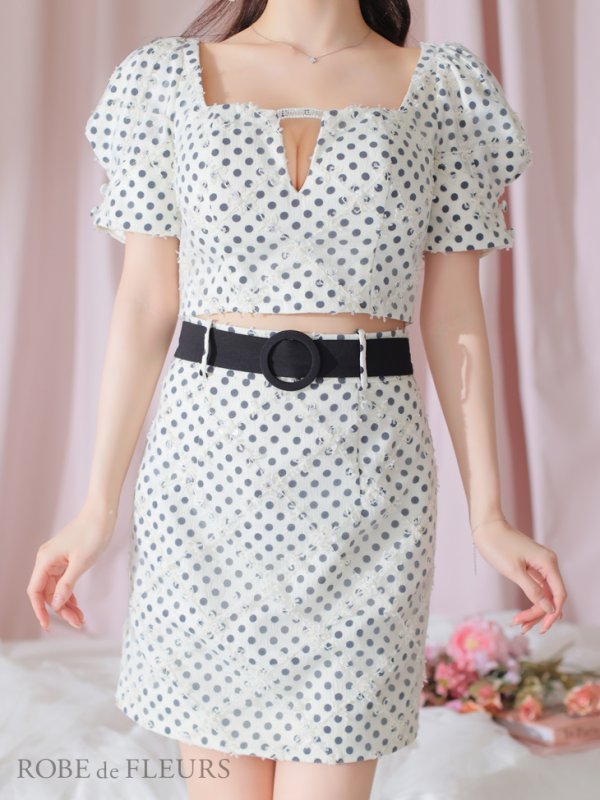 画像16: XSサイズあり【ROBE de FLEURS/ローブドフルール】ベルトデザイン/ パフスリーブ/ ドット/ タイト/ セットアップ/ ミニドレス/ キャバドレス[OF08] (16)