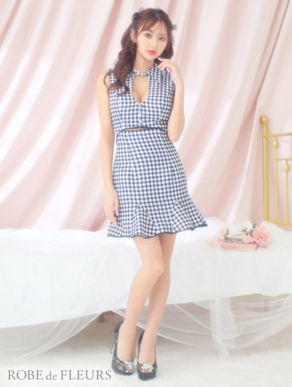 画像4: XSサイズあり【ROBE de FLEURS/ローブドフルール】ウエストオープン/ 襟付き/ ギンガムチェック/ ノースリーブ/ 裾フリル/ フレア/ ミニドレス/ キャバドレス[OF08] (4)