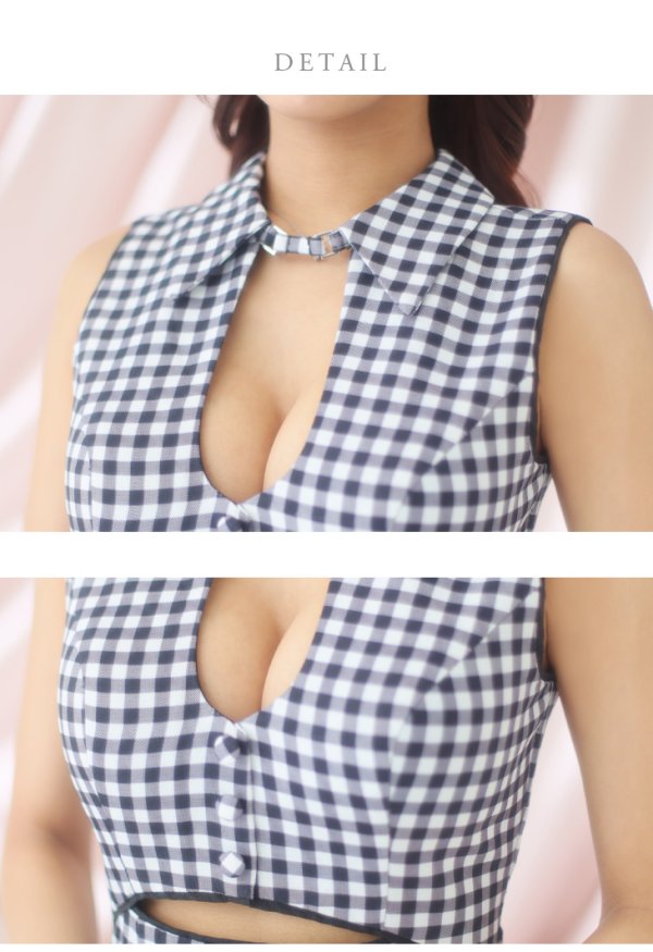 画像12: XSサイズあり【ROBE de FLEURS/ローブドフルール】ウエストオープン/ 襟付き/ ギンガムチェック/ ノースリーブ/ 裾フリル/ フレア/ ミニドレス/ キャバドレス[OF08] (12)