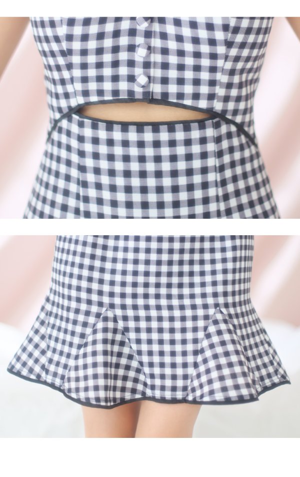 画像13: XSサイズあり【ROBE de FLEURS/ローブドフルール】ウエストオープン/ 襟付き/ ギンガムチェック/ ノースリーブ/ 裾フリル/ フレア/ ミニドレス/ キャバドレス[OF08] (13)