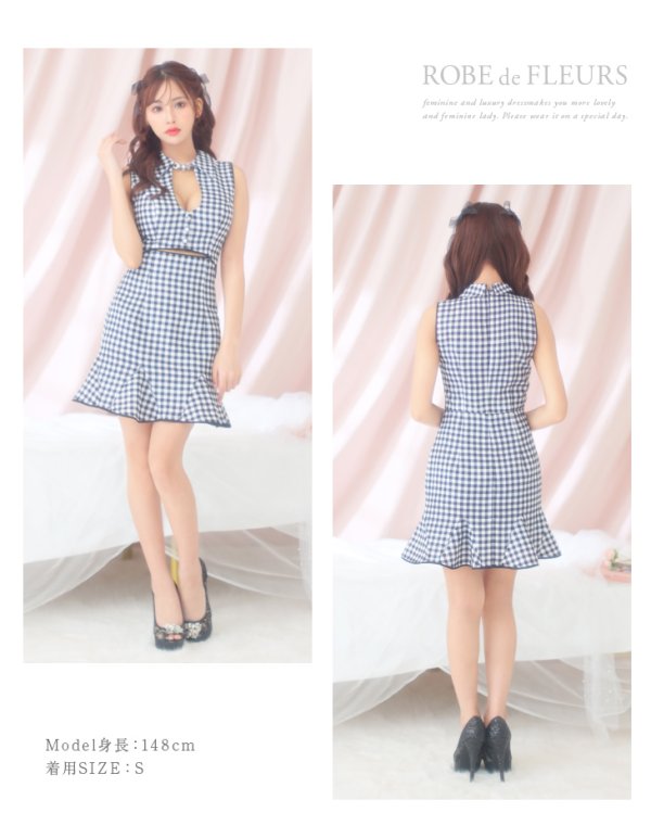 画像11: XSサイズあり【ROBE de FLEURS/ローブドフルール】ウエストオープン/ 襟付き/ ギンガムチェック/ ノースリーブ/ 裾フリル/ フレア/ ミニドレス/ キャバドレス[OF08] (11)