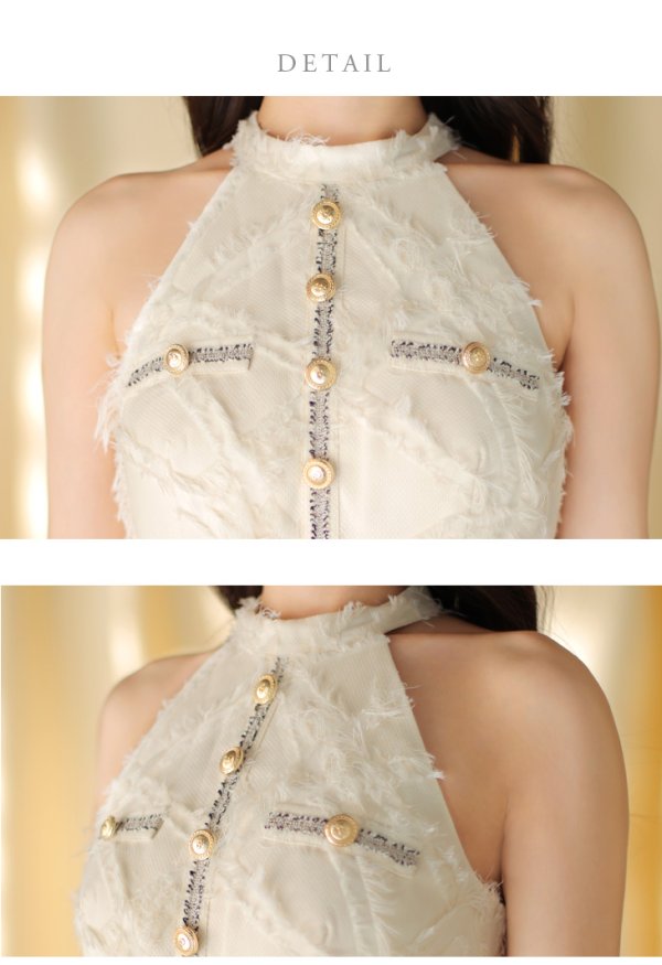 画像13: XSサイズあり【DEA./ディア】ゴールドボタン/ フェミニン/ フリンジ/ タイト/ ミディアムドレス/ キャバドレス[OF08] (13)