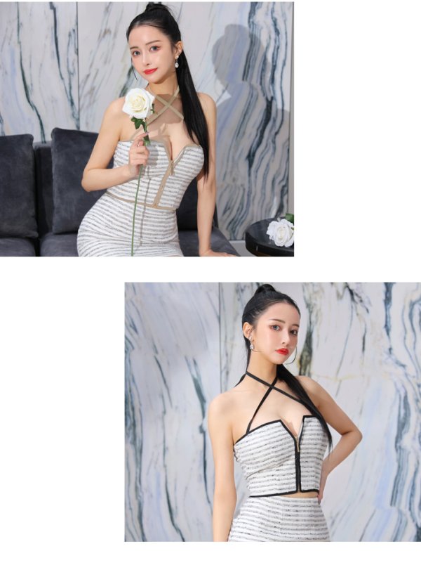 画像6: XSサイズあり【Glossy/グロッシー】ボーダー/ パイピング/ バストジップ/ タイト/ セットアップ/ ミニドレス/ キャバドレス[OF2] (6)