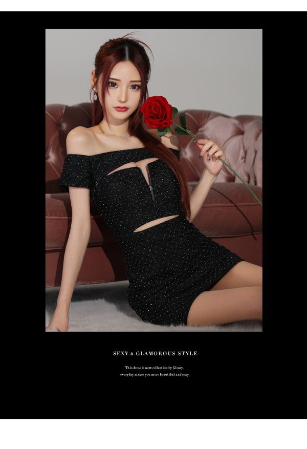 画像6: XSサイズあり【Glossy/グロッシー】バスト＆ウエストカット/ スタッズ/ オフショル/ ミニドレス/ キャバドレス[OF08] (6)