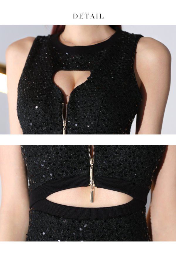 画像8: XSサイズあり【Glossy/グロッシー】ダブルジップ/ スパンコール/ ツイード/ タイト/ ミニドレス/ キャバドレス[OF08] (8)