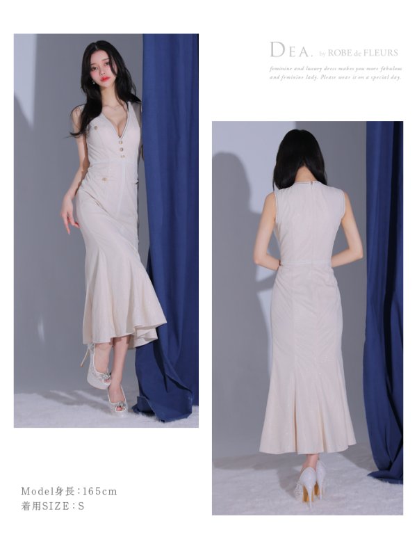 画像16: Lサイズあり【DEA./ディア】マーメイド/ ゴールドボタン/ サマー/ ラメ/ ノースリーブ/ フレア/ ワンピース/ ロングドレス/ キャバドレス long[OF08] (16)