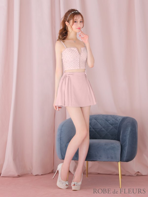 画像5: XSサイズあり【ROBE de FLEURS/ローブドフルール】 セットアップ/ キャミソール/ビジュー/ リボン/ フロントジップ/ ツイード/ フレア/ ミニドレス/ キャバドレス[OF08] (5)